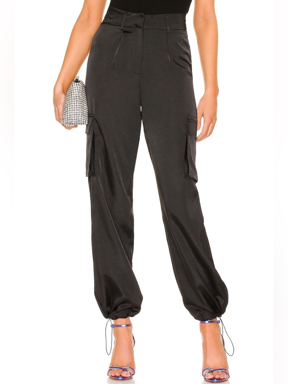 superdown Seleste Black Satin Cargo Jogger Pants Small